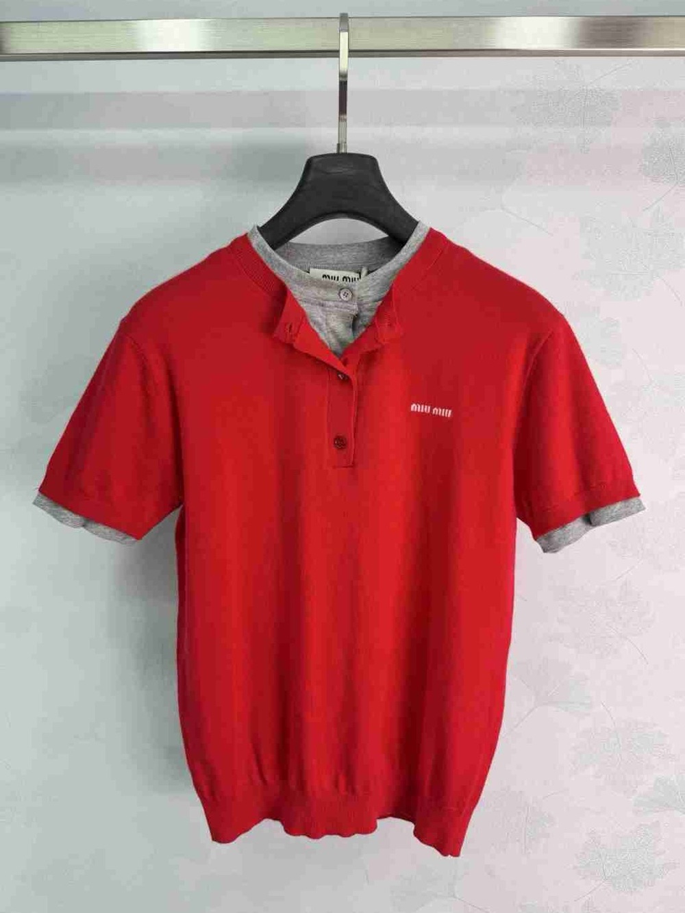 Miu Miu Red Short-Sleeve Polo with Gray Trim